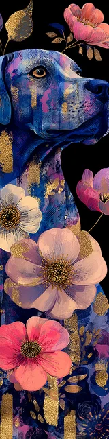 Free printable dog bookmark featuring blue labrador with beautiful flowers